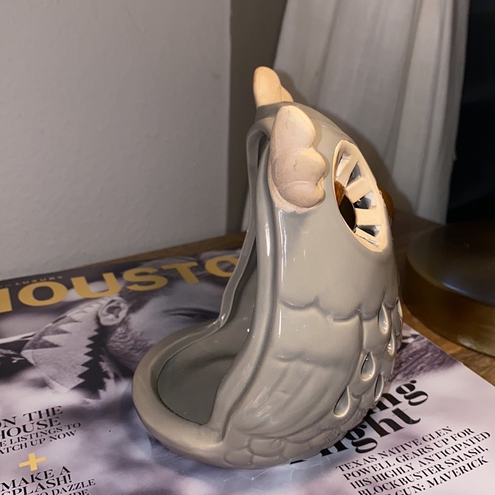 Grey brown tan owl candleholder counter decorative animal fixture ceramic glass - Picture 5 of 14